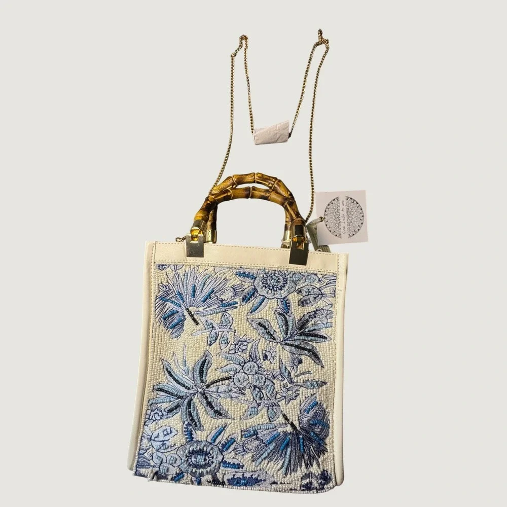 From India to You Beaded Floral Bamboo Handle Tote Bag Blue Cream NEW